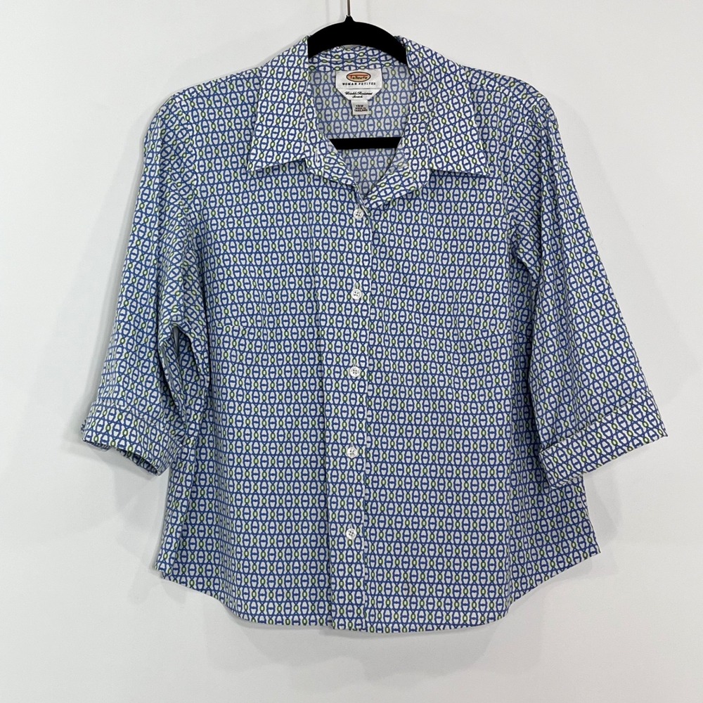Talbots Woman Petites 12W Blue Green Geometric Chain Link Button Down Shirt